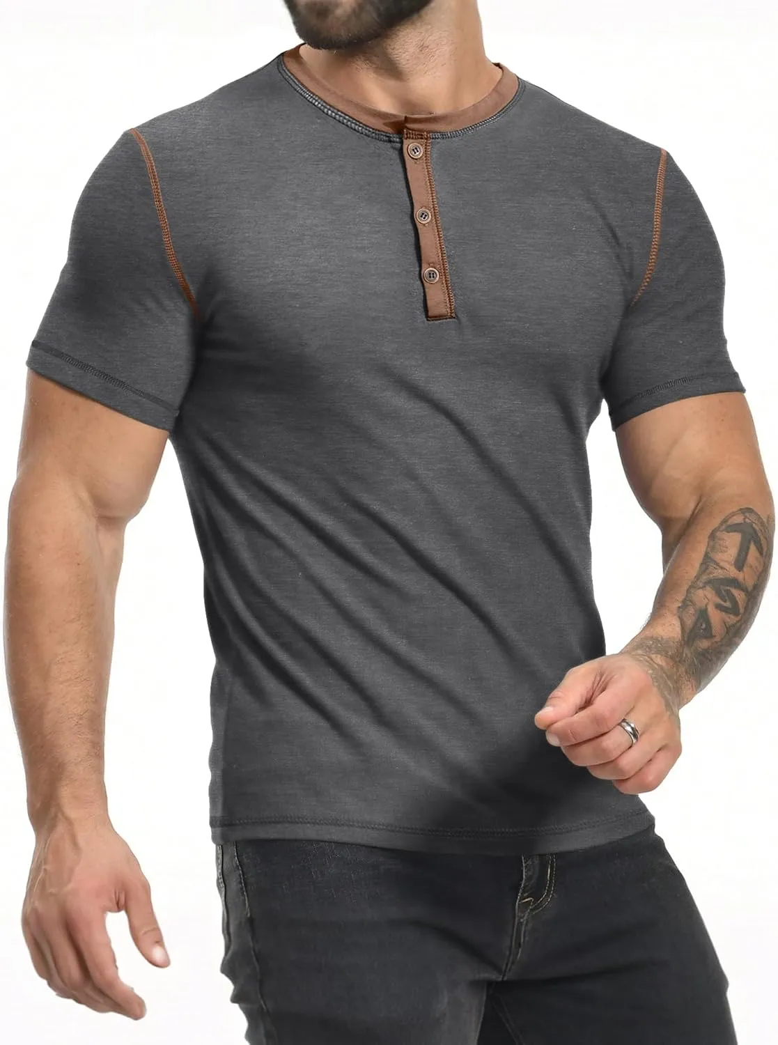 PLEPAN Mens Henley Shirts Crewneck Short Sleeve Casual Cotton T-Shirts with Contrast Color Collar