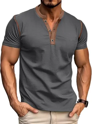 PLEPAN Mens Henley Shirts Crewneck Short Sleeve Casual Cotton T-Shirts with Contrast Color Collar