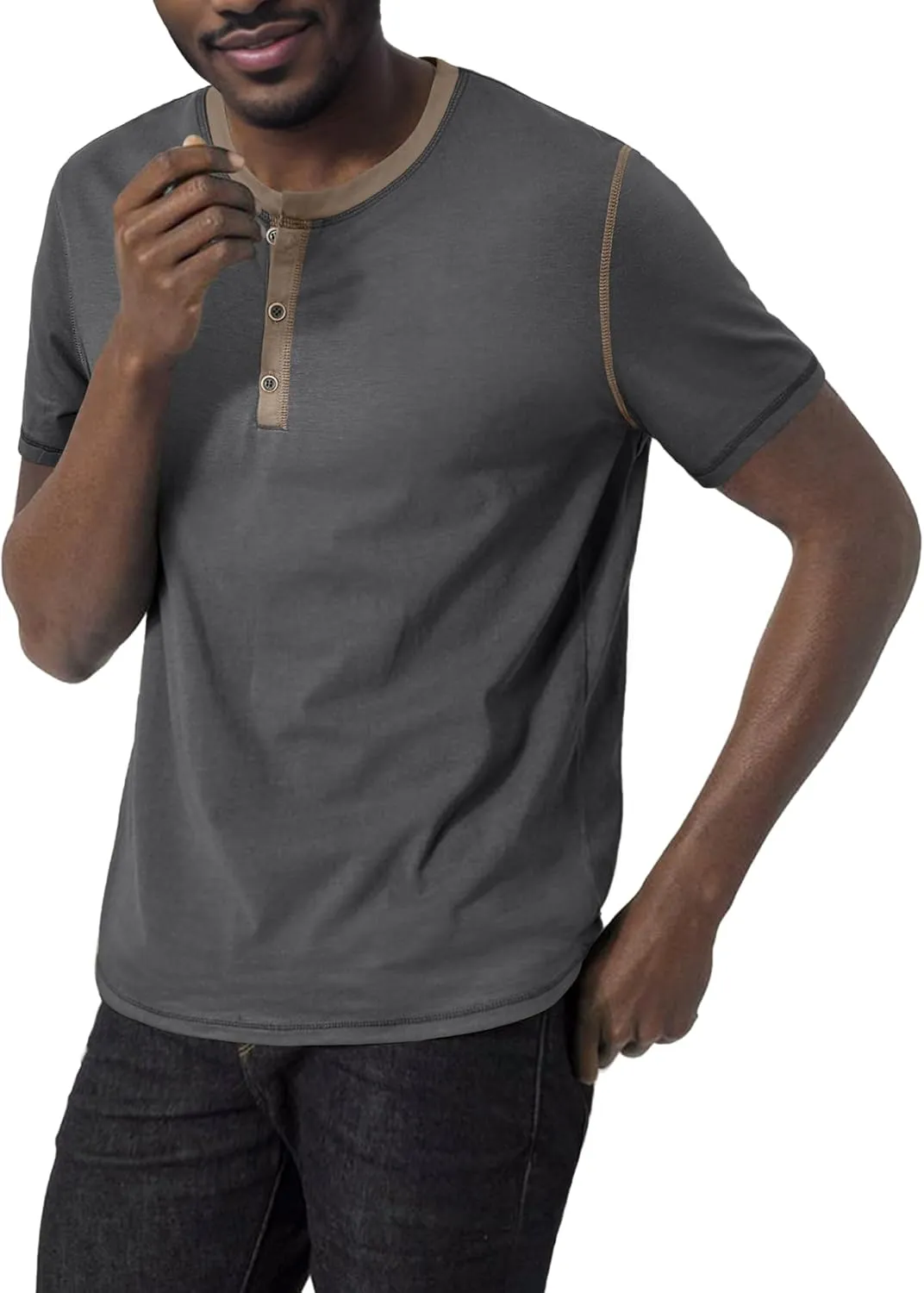 PLEPAN Mens Henley Shirts Crewneck Short Sleeve Casual Cotton T-Shirts with Contrast Color Collar