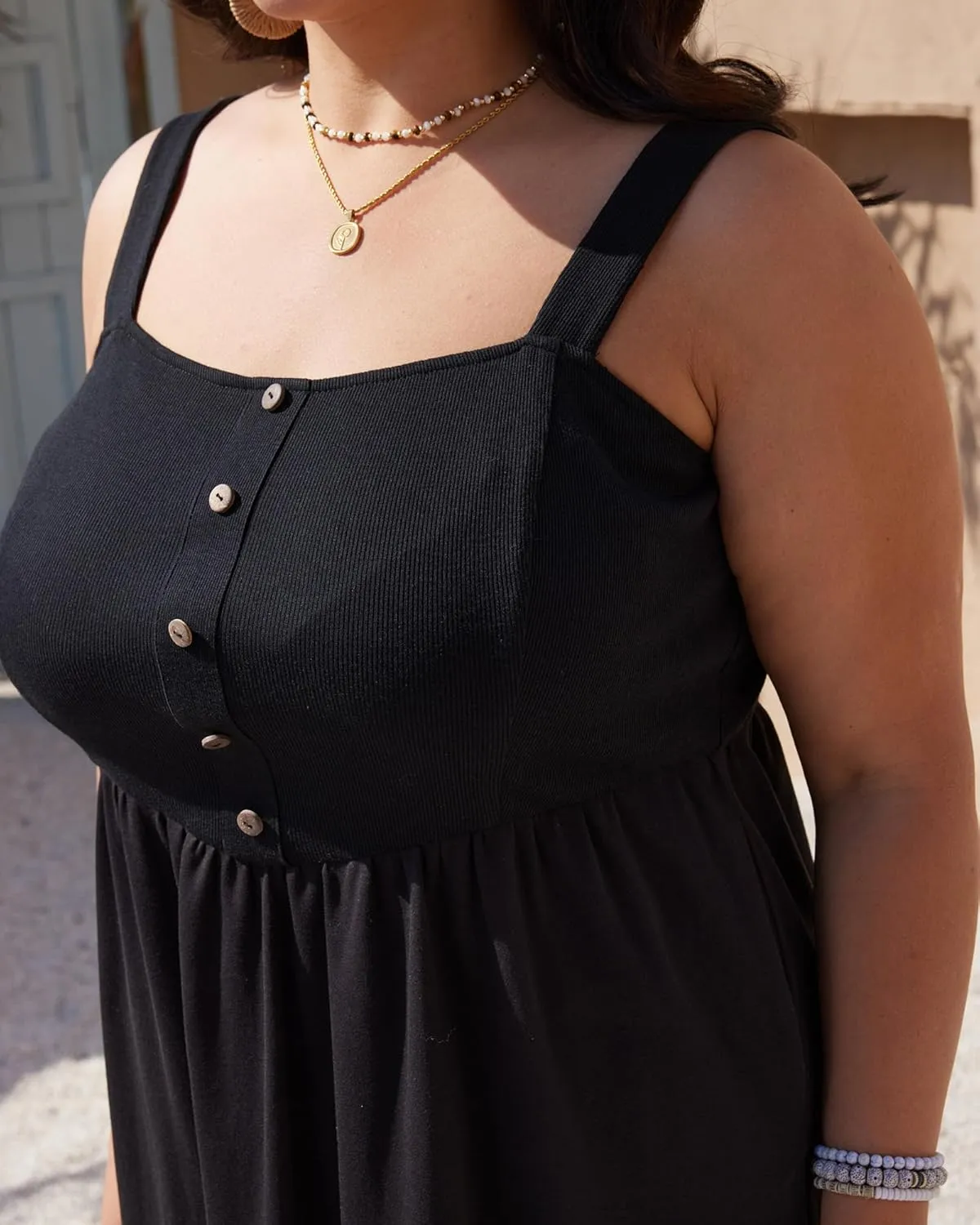 Plus Size Black Sundress for Curvy Women High Waist Sleeveless Summer Casual Midi Dress with Pockets