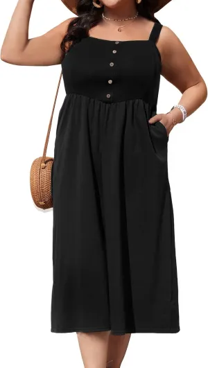 Plus Size Black Sundress for Curvy Women High Waist Sleeveless Summer Casual Midi Dress with Pockets