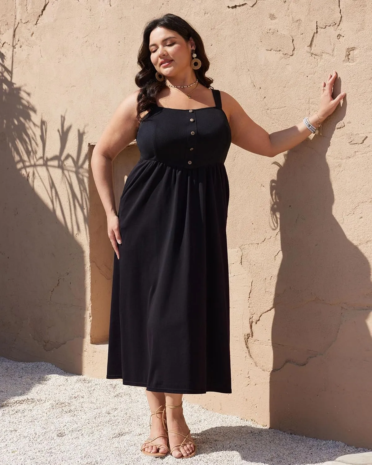 Plus Size Black Sundress for Curvy Women High Waist Sleeveless Summer Casual Midi Dress with Pockets