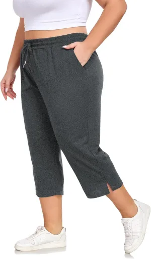 Plus Size Capri Pants for Women Loose Fit Yoga Pants with Pockets Workout Activewear Sweatpants
