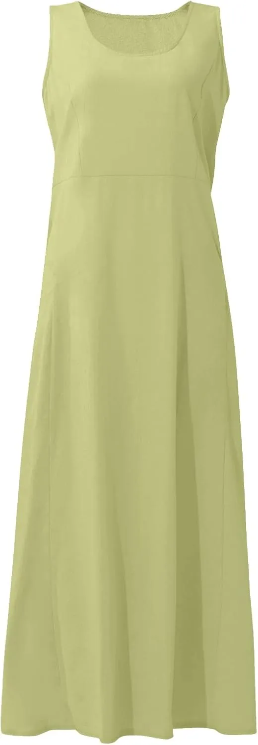 Plus Size Cotton Linen Maxi Summer Dresses for Curvy Women 2025 Sleeveless Vacation Beach Sundresses with Pockets