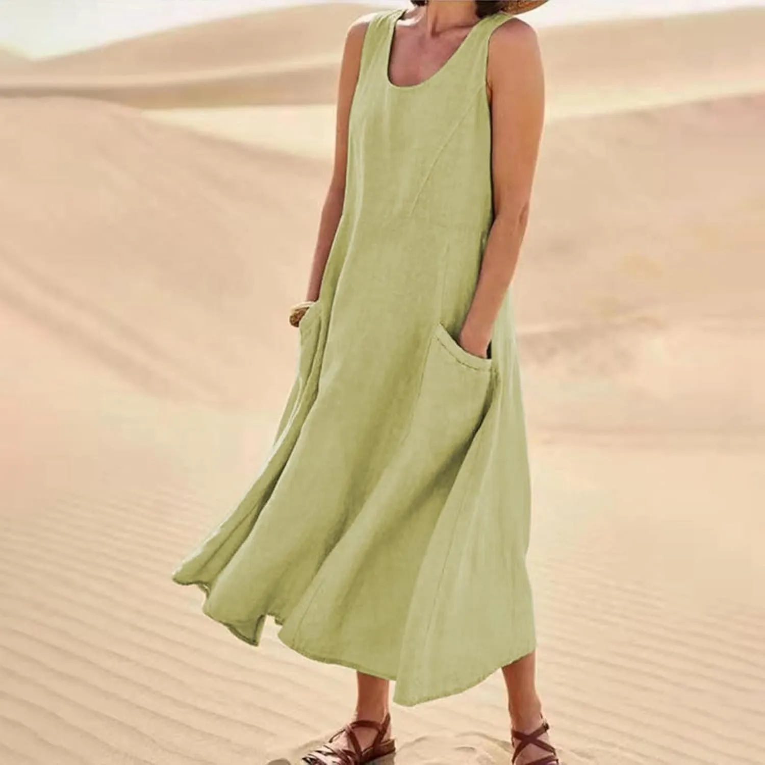 Plus Size Cotton Linen Maxi Summer Dresses for Curvy Women 2025 Sleeveless Vacation Beach Sundresses with Pockets