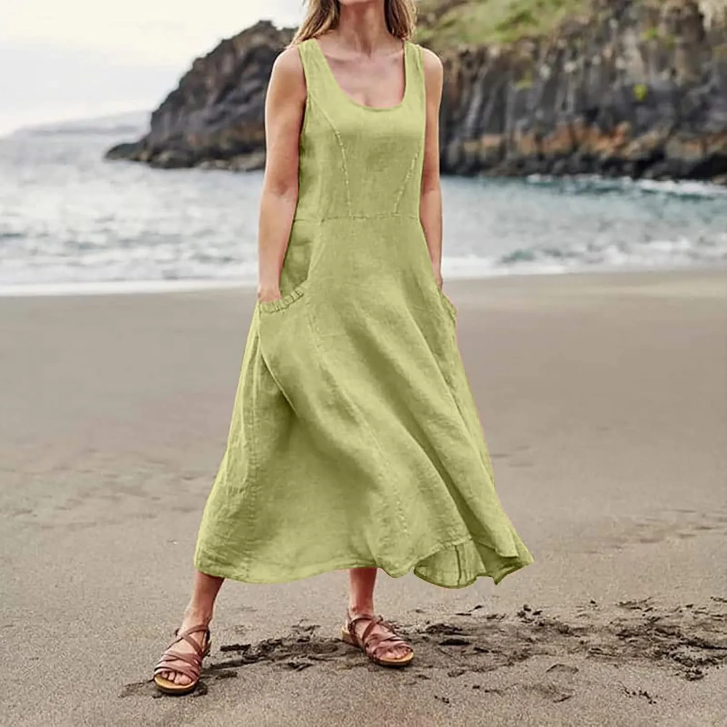 Plus Size Cotton Linen Maxi Summer Dresses for Curvy Women 2025 Sleeveless Vacation Beach Sundresses with Pockets
