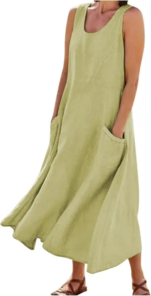 Plus Size Cotton Linen Maxi Summer Dresses for Curvy Women 2025 Sleeveless Vacation Beach Sundresses with Pockets