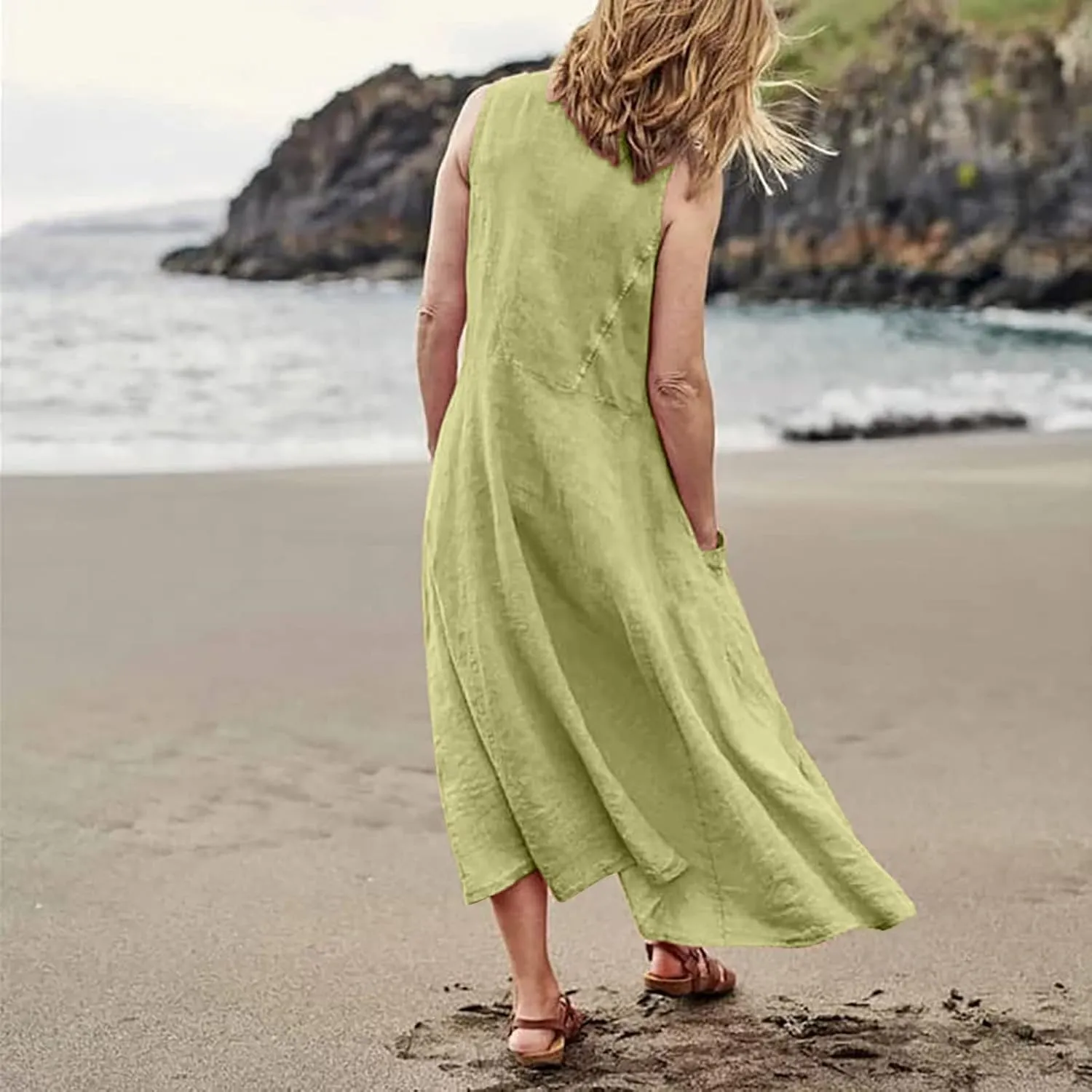 Plus Size Cotton Linen Maxi Summer Dresses for Curvy Women 2025 Sleeveless Vacation Beach Sundresses with Pockets