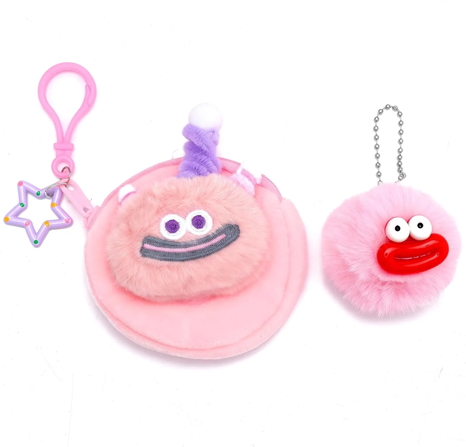 PLwelth Cute Coin Purse Pink Plush Change Purse for Women Girls Kawaii Small Coin Pouch with Zipper Keychain Cartoon Wallet for Backpacks Handbags Car Keys Tote Bags Decor Funny Earphone Cosmetic Bag