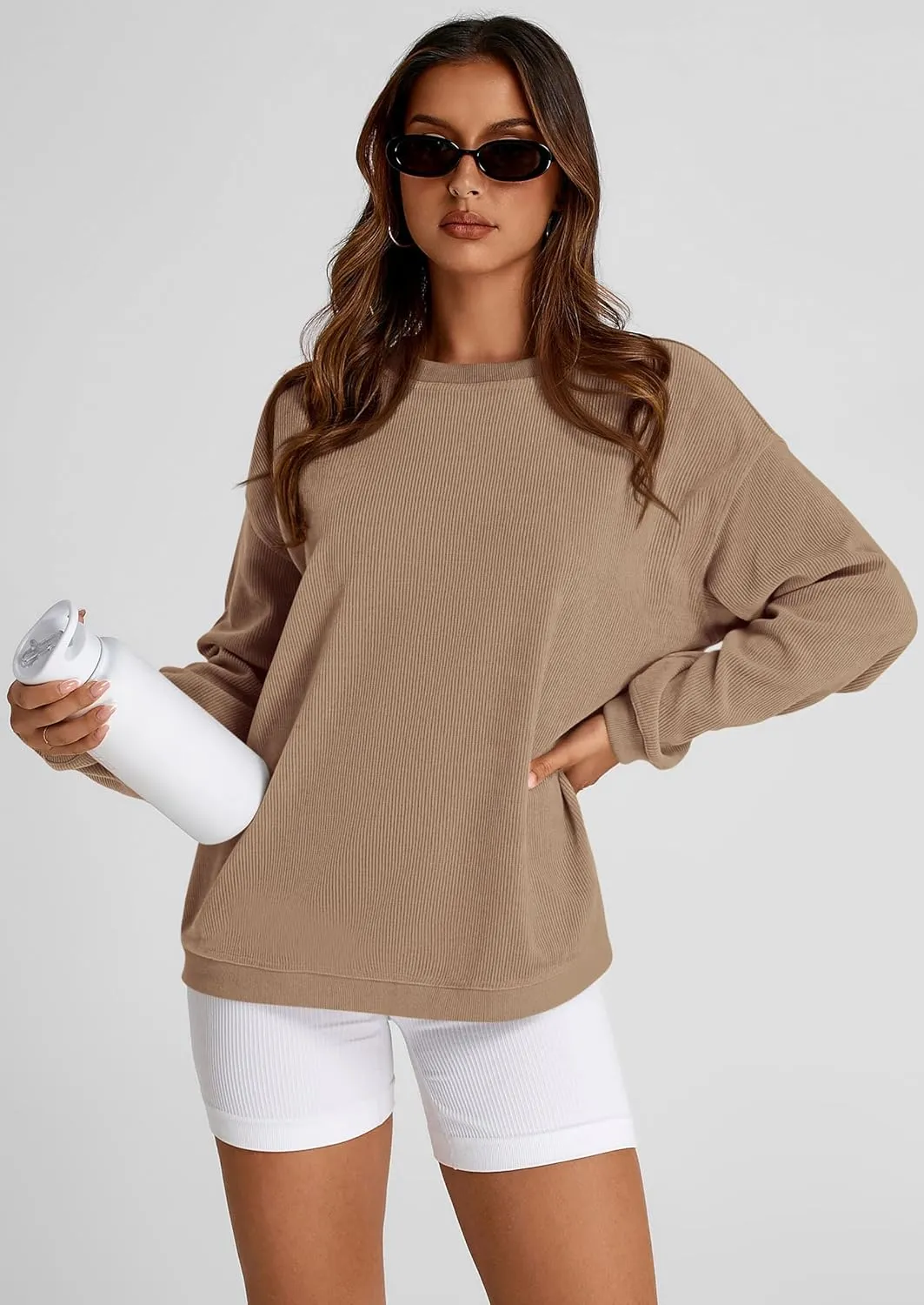 PRETTYGARDEN Women's Oversized Sweatshirt Ribbed Corduroy Crewneck Long Sleeve Loose Fit Casual Going Out Pullover Tops