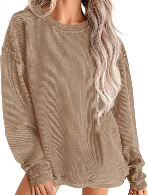 PRETTYGARDEN Women's Oversized Sweatshirt Ribbed Corduroy Crewneck Long Sleeve Loose Fit Casual Going Out Pullover Tops