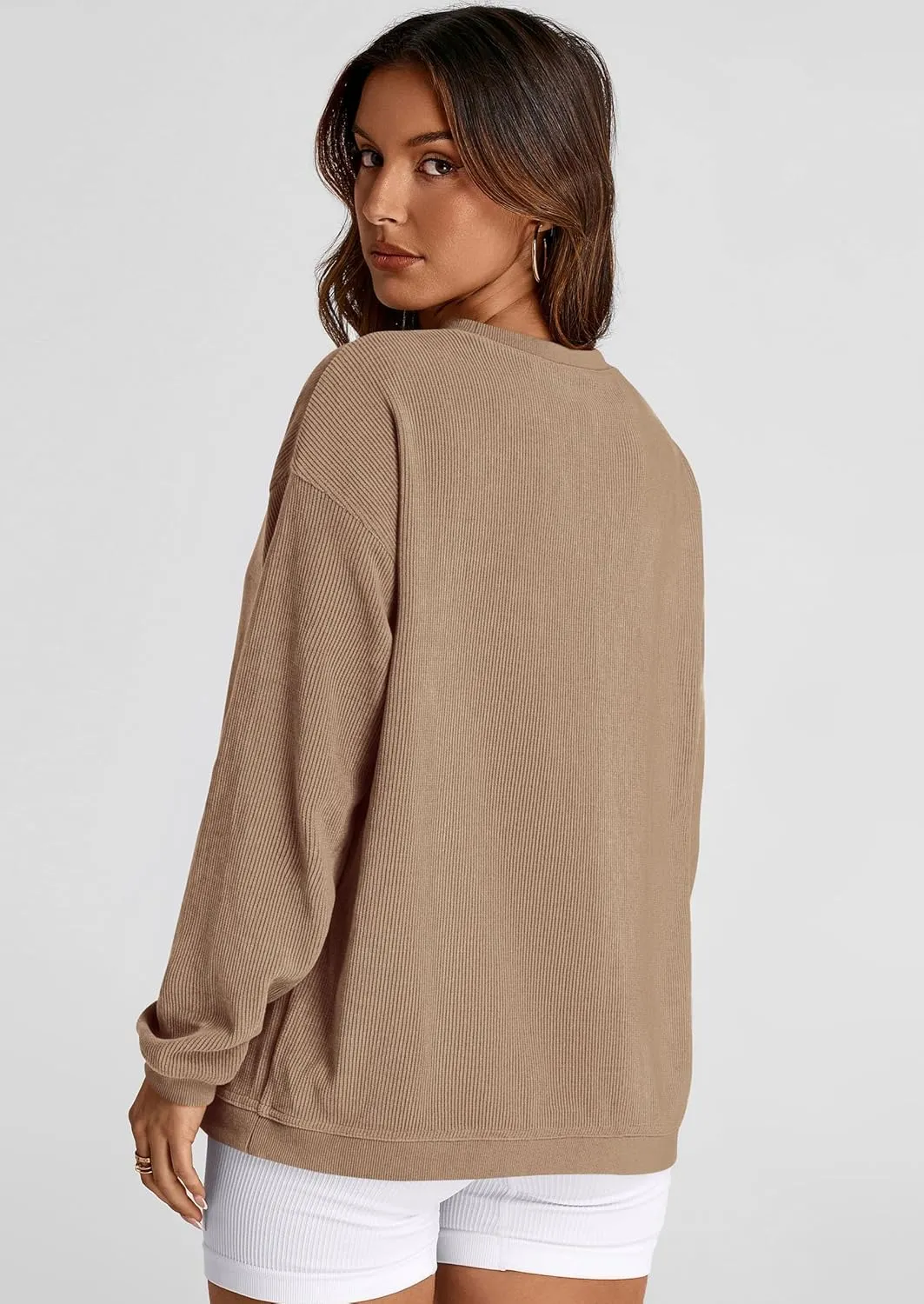 PRETTYGARDEN Women's Oversized Sweatshirt Ribbed Corduroy Crewneck Long Sleeve Loose Fit Casual Going Out Pullover Tops