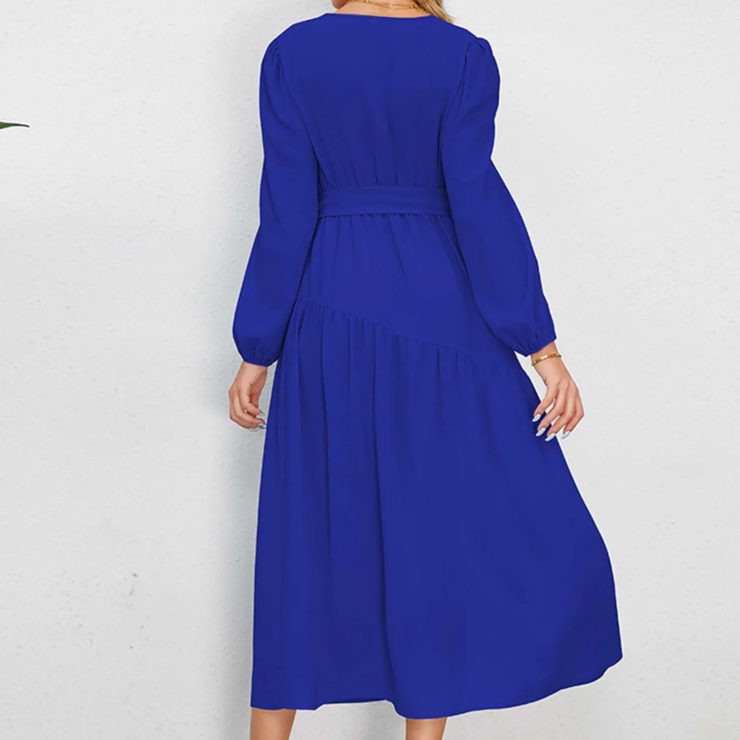 Prom Dresses for Women 2024 Elegant Long Sleeve V Neck Plain Empire Waist Fashion Maxi Dress Semi Formal Party Dress