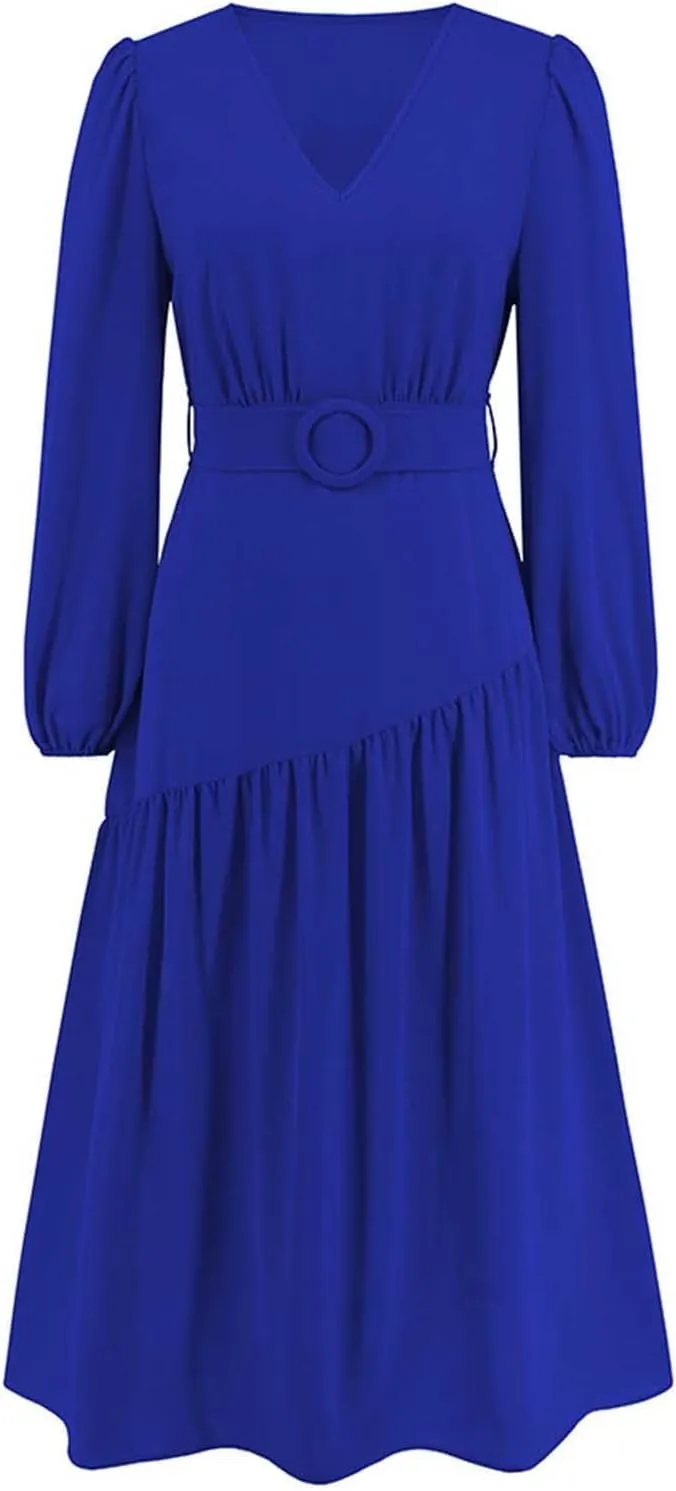 Prom Dresses for Women 2024 Elegant Long Sleeve V Neck Plain Empire Waist Fashion Maxi Dress Semi Formal Party Dress