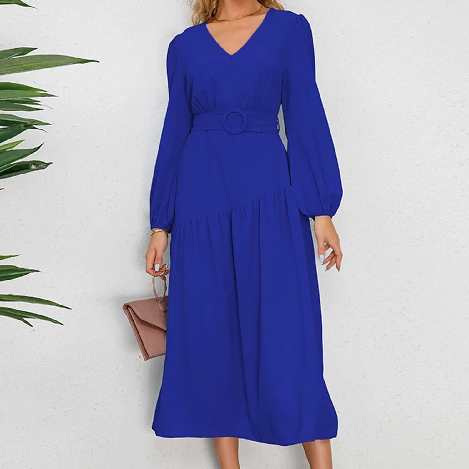 Prom Dresses for Women 2024 Elegant Long Sleeve V Neck Plain Empire Waist Fashion Maxi Dress Semi Formal Party Dress