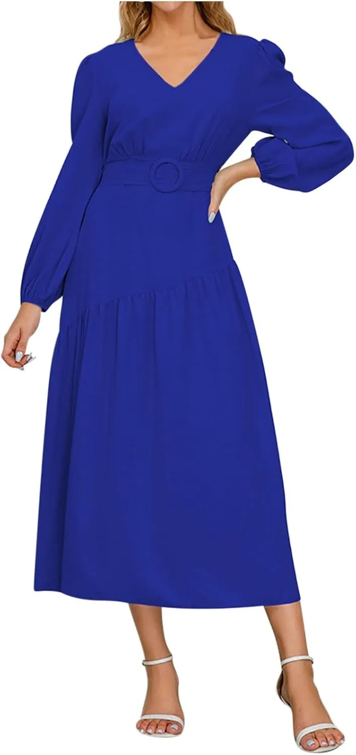 Prom Dresses for Women 2024 Elegant Long Sleeve V Neck Plain Empire Waist Fashion Maxi Dress Semi Formal Party Dress