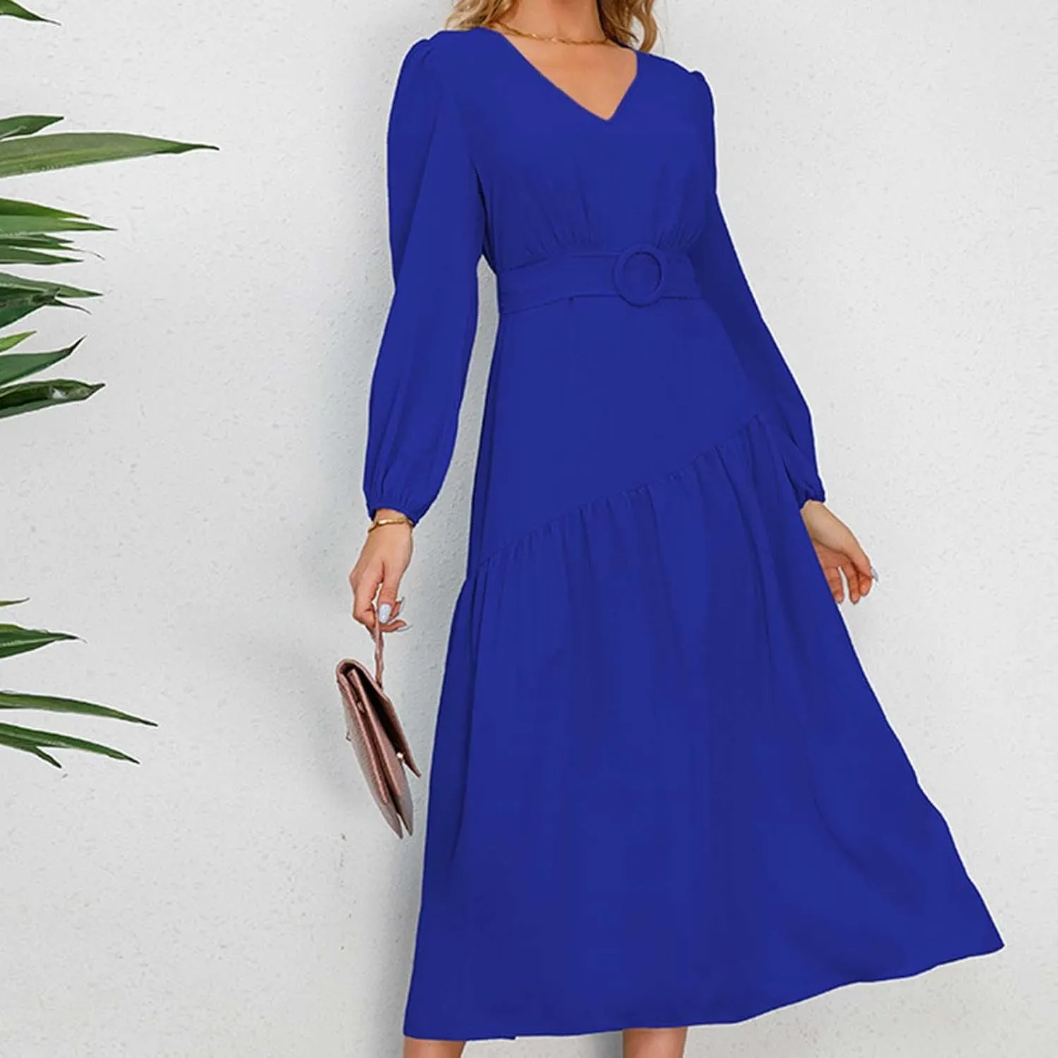 Prom Dresses for Women 2024 Elegant Long Sleeve V Neck Plain Empire Waist Fashion Maxi Dress Semi Formal Party Dress