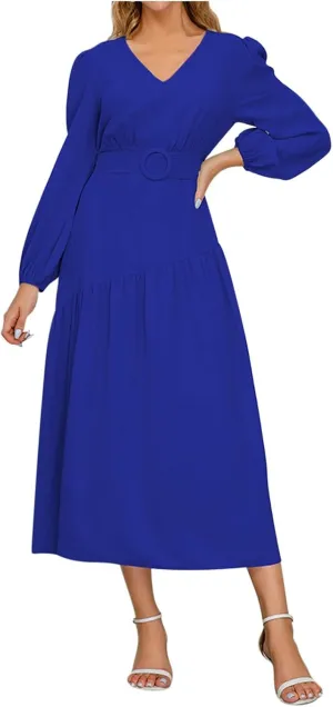 Prom Dresses for Women 2024 Elegant Long Sleeve V Neck Plain Empire Waist Fashion Maxi Dress Semi Formal Party Dress