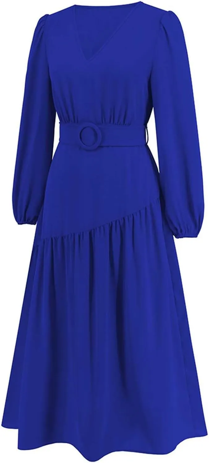 Prom Dresses for Women 2024 Elegant Long Sleeve V Neck Plain Empire Waist Fashion Maxi Dress Semi Formal Party Dress