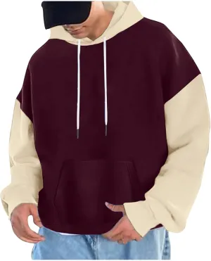 Pullover Casual Color Block Sweatshirts For Men Midweight Loose Drawstring Hooded Sweatshirt With Pocket