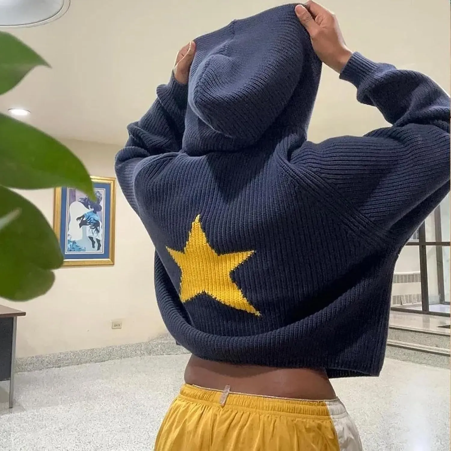 Pullover Knit Sweater Grunge Graphic Star Hooded Sweatshirts Women Y2k Oversized Streetwear Hoodies