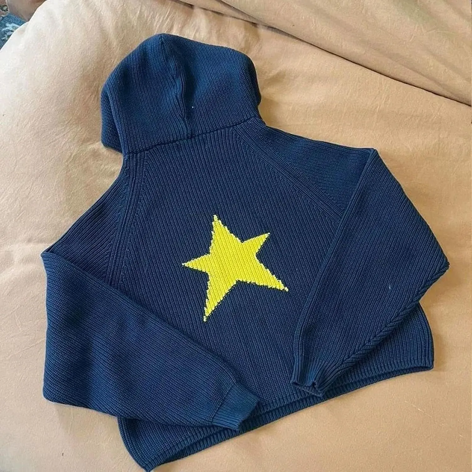 Pullover Knit Sweater Grunge Graphic Star Hooded Sweatshirts Women Y2k Oversized Streetwear Hoodies