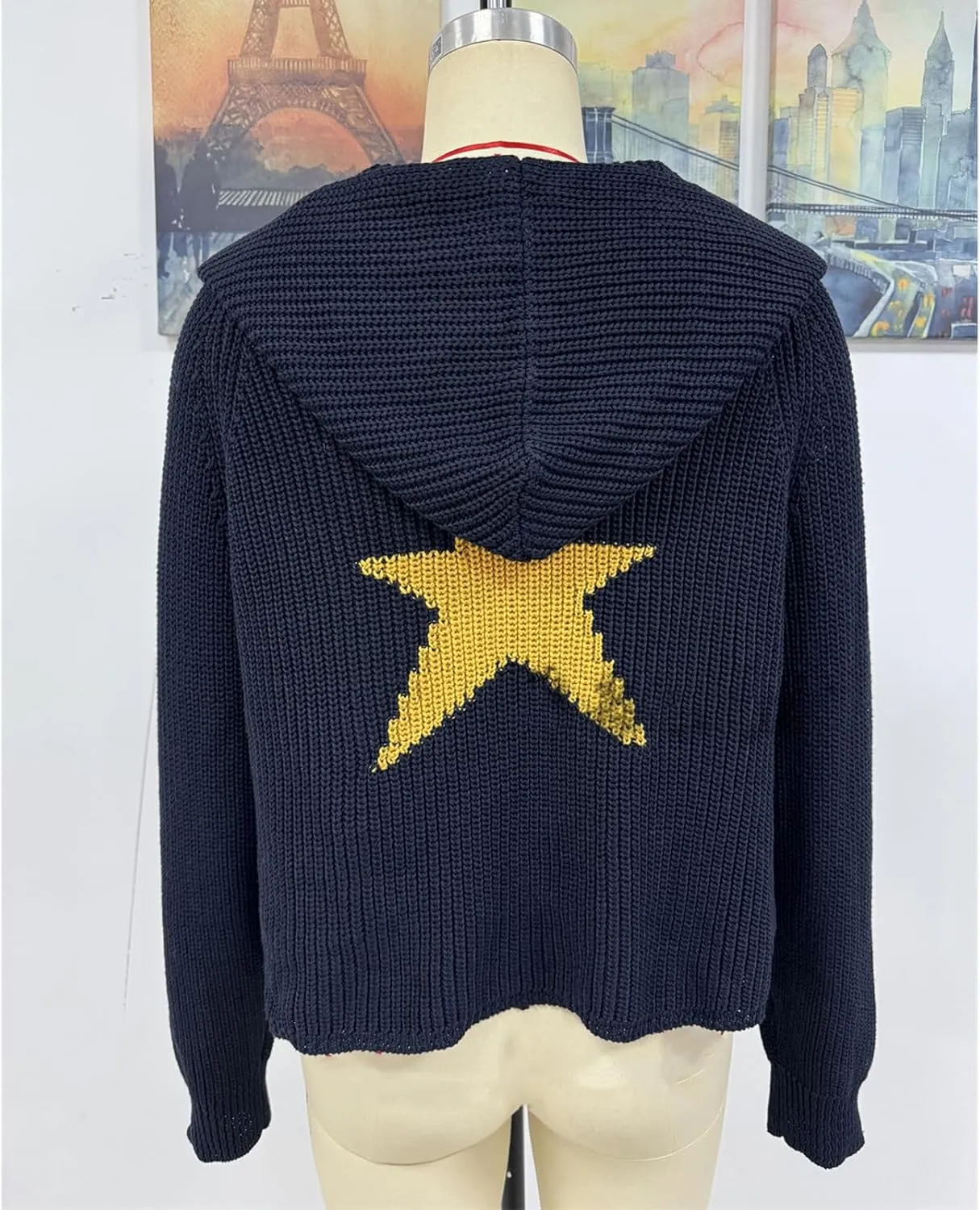 Pullover Knit Sweater Grunge Graphic Star Hooded Sweatshirts Women Y2k Oversized Streetwear Hoodies