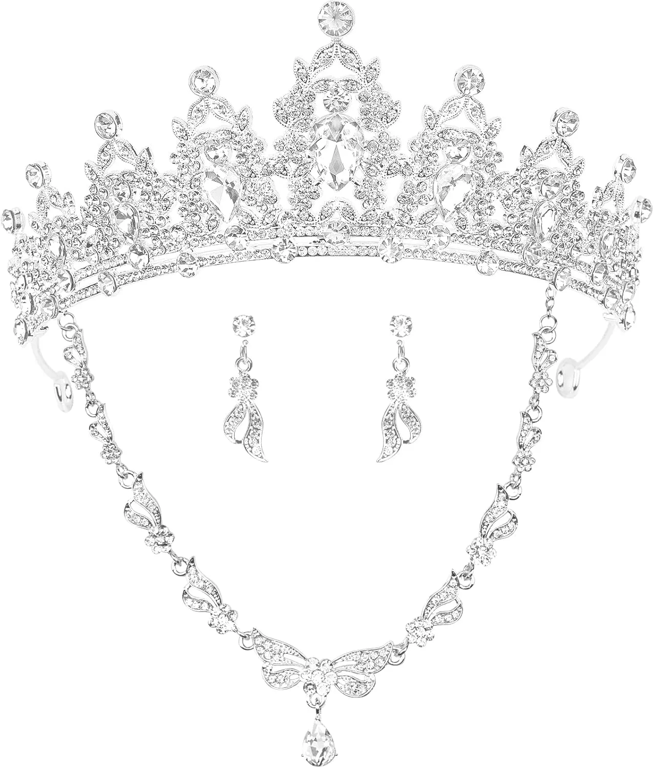 Quinceanera Crowns,Crystal CrownRhinestone Necklace Dangle Earrings Link Bracelet Set Queen Crowns for Bridal Wedding Prom, Birthday Party, Silver Jewelry Set for Women