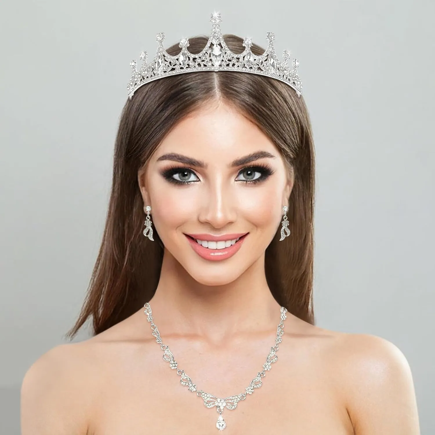 Quinceanera Crowns,Crystal CrownRhinestone Necklace Dangle Earrings Link Bracelet Set Queen Crowns for Bridal Wedding Prom, Birthday Party, Silver Jewelry Set for Women