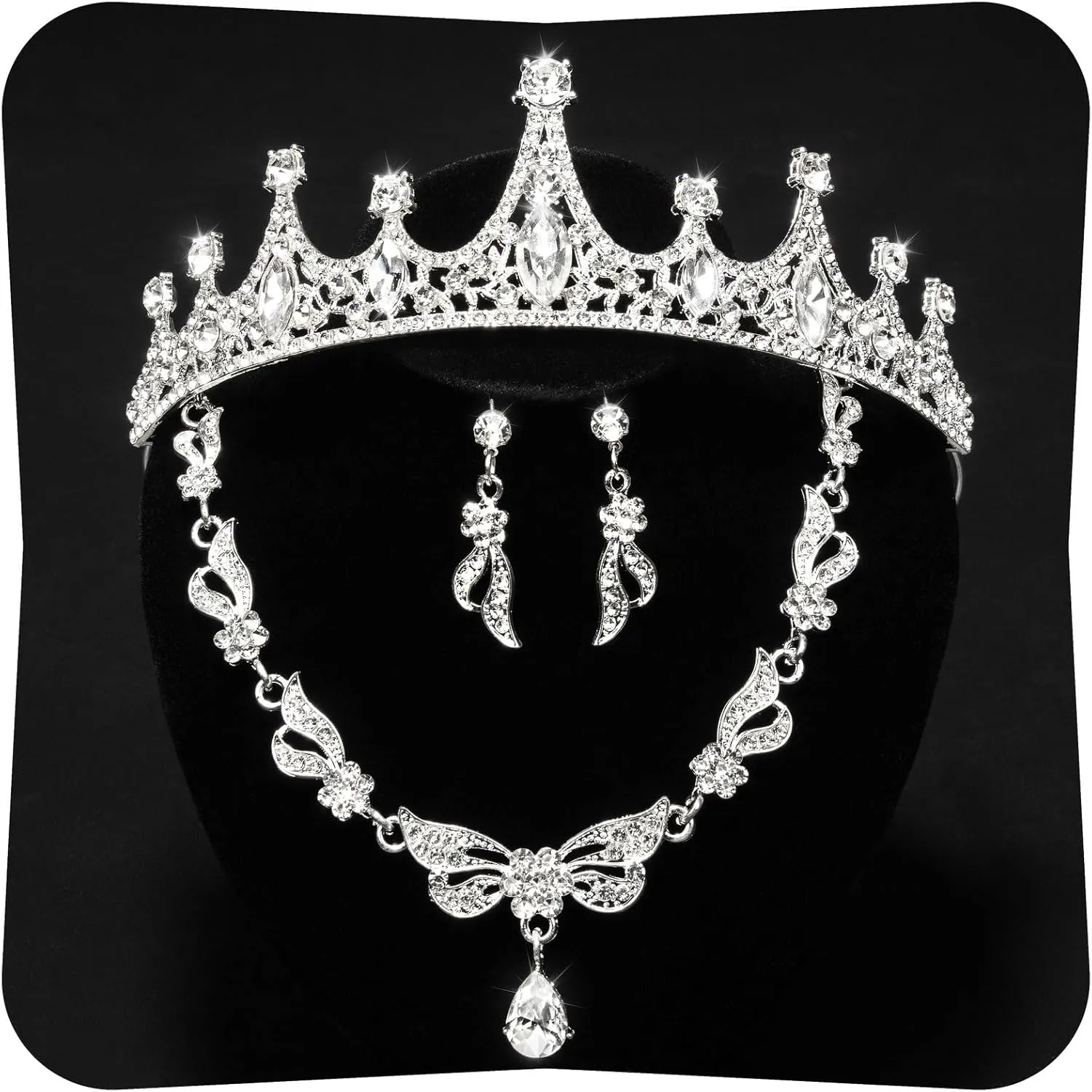 Quinceanera Crowns,Crystal CrownRhinestone Necklace Dangle Earrings Link Bracelet Set Queen Crowns for Bridal Wedding Prom, Birthday Party, Silver Jewelry Set for Women