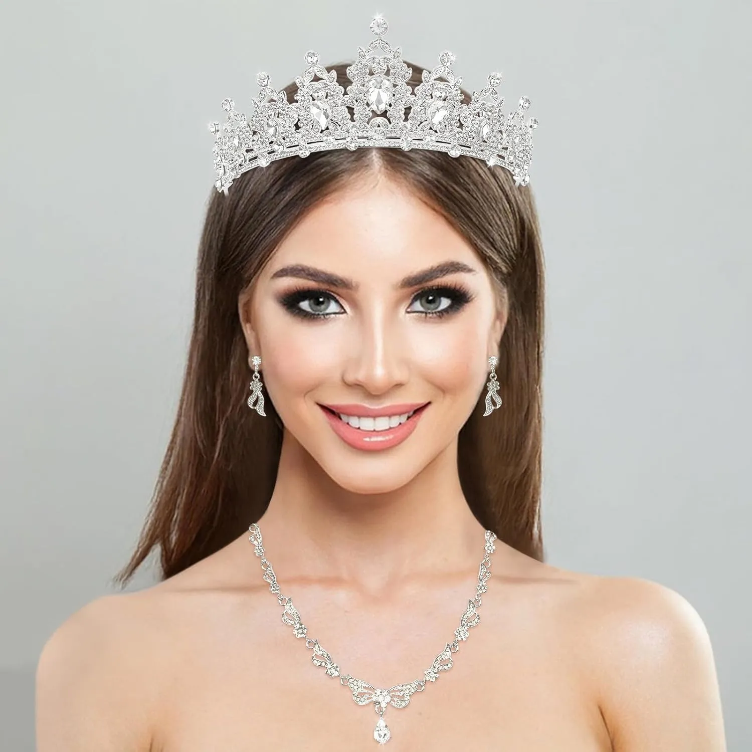 Quinceanera Crowns,Crystal CrownRhinestone Necklace Dangle Earrings Link Bracelet Set Queen Crowns for Bridal Wedding Prom, Birthday Party, Silver Jewelry Set for Women