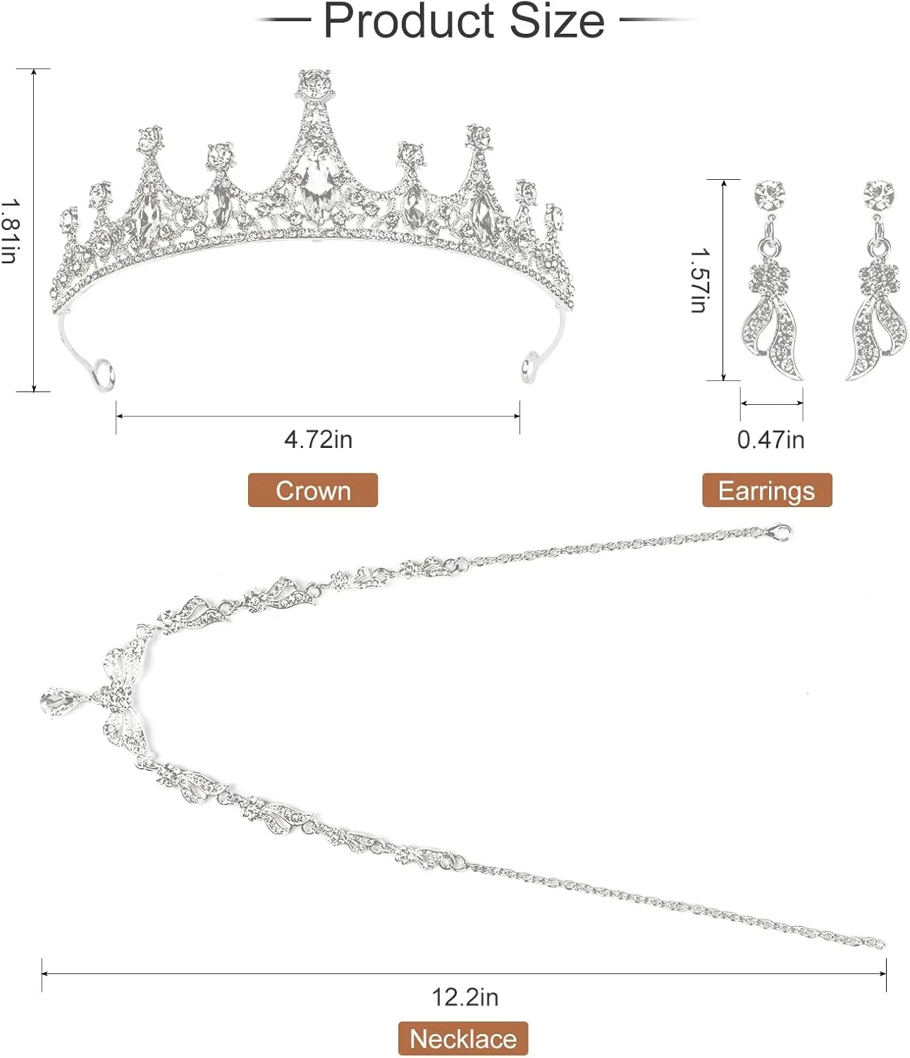 Quinceanera Crowns,Crystal CrownRhinestone Necklace Dangle Earrings Link Bracelet Set Queen Crowns for Bridal Wedding Prom, Birthday Party, Silver Jewelry Set for Women