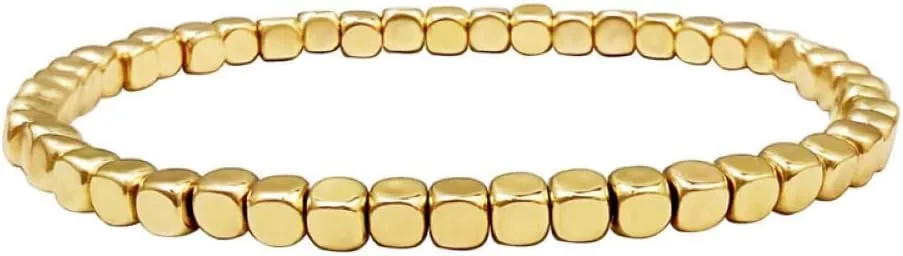 QUSIIOSLK Gold Silver Bead Bracelet Chunky Nugget Multi Stacking Statement Stretch Bangle Bracelet 14K Gold Plated Round Bead Ball Bracelet Stretchable Elastic Bracelet for Women (Gold-4MM-square)