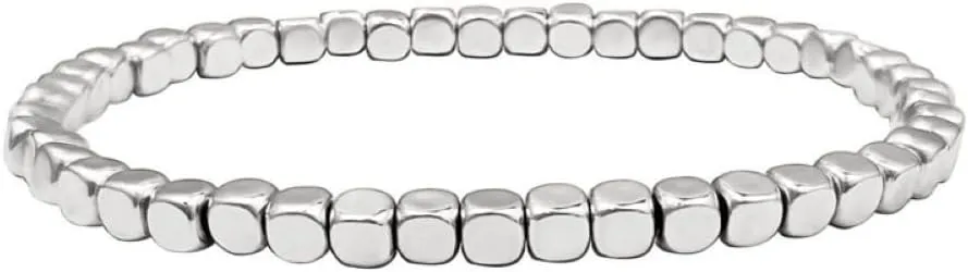 QUSIIOSLK Gold Silver Bead Bracelet Chunky Nugget Multi Stacking Statement Stretch Bangle Bracelet 14K Gold Plated Round Bead Ball Bracelet Stretchable Elastic Bracelet for Women (Silver-4MM-square)