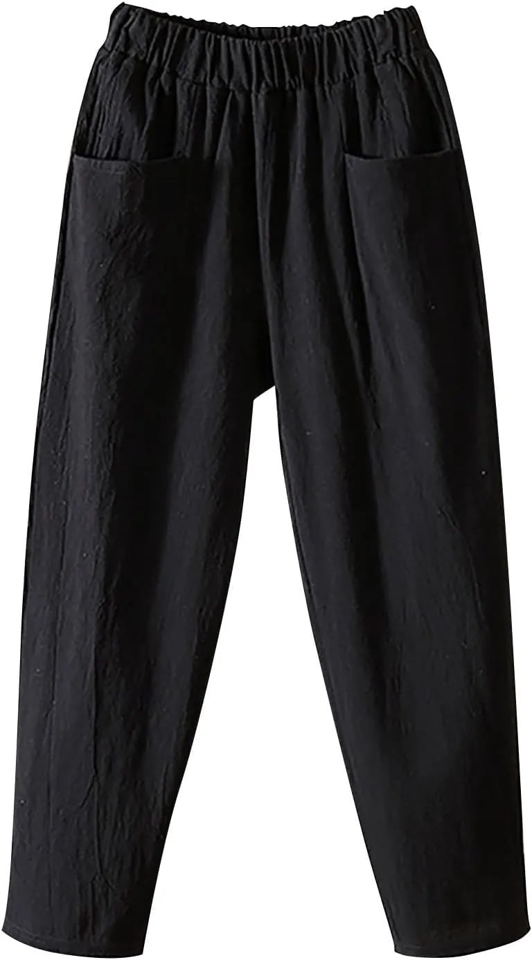 QWENTMTNTY Cotton Linen Pants for Women Wide Leg Loose Fit Plus Size Summer Baggy Pants Lightweight Casual Trousers Pockets