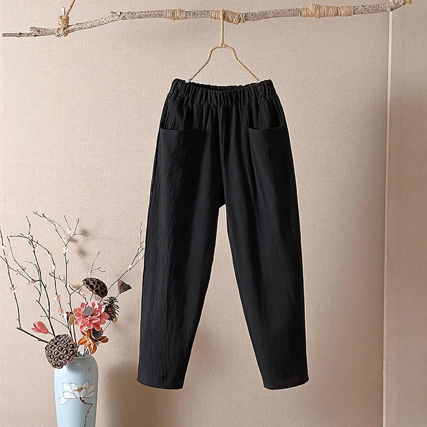 QWENTMTNTY Cotton Linen Pants for Women Wide Leg Loose Fit Plus Size Summer Baggy Pants Lightweight Casual Trousers Pockets