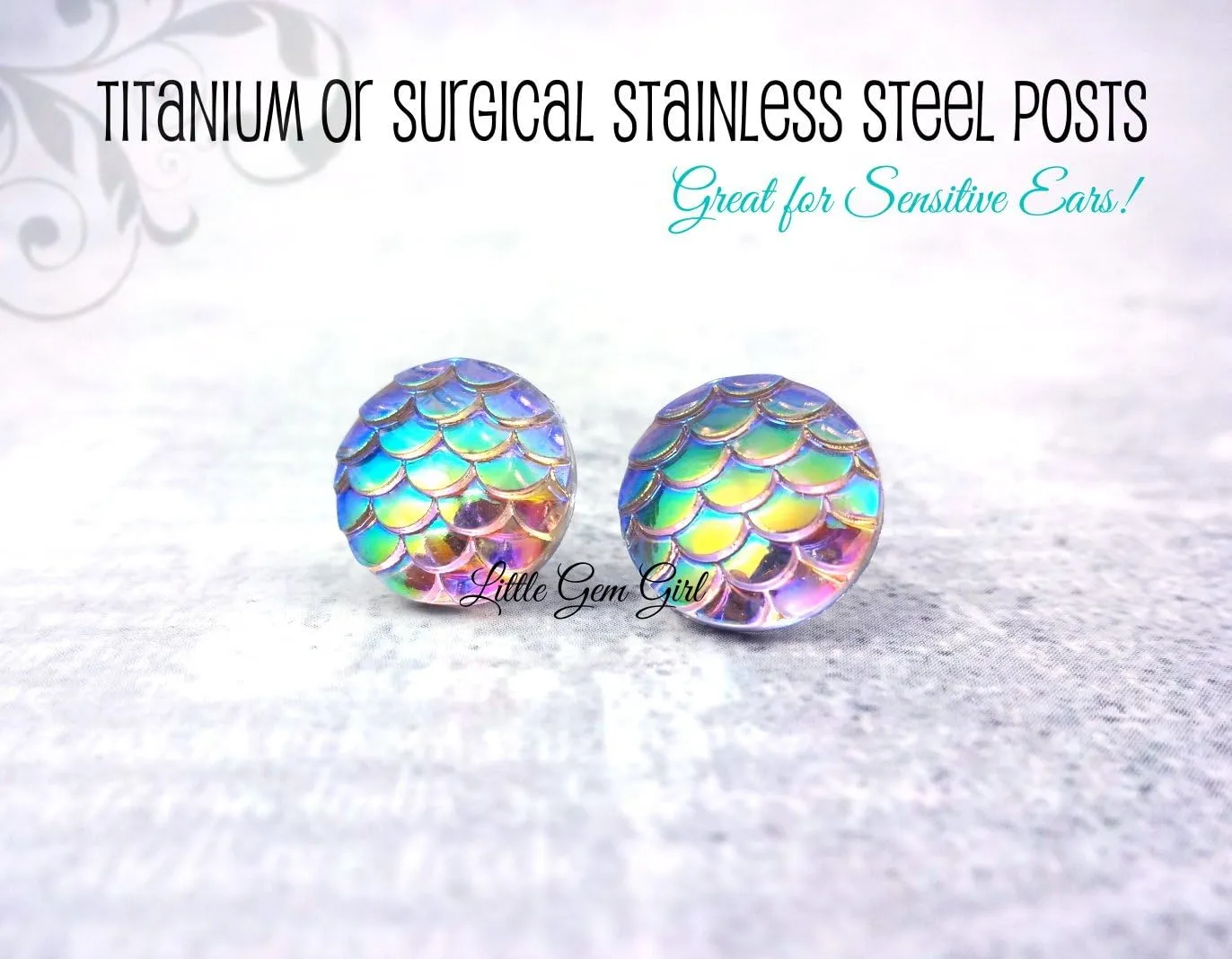 Rainbow Color Changing Iridescent Mermaid Dragon Scale Stud Earrings Stainless Steel or Titanium Posts