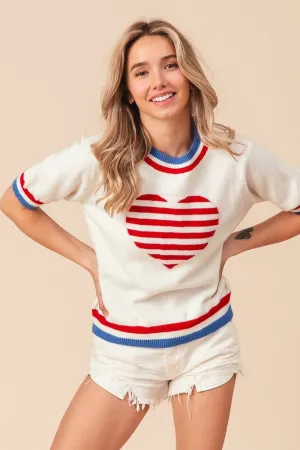 Red, White, and Blue Striped Heart Sweater