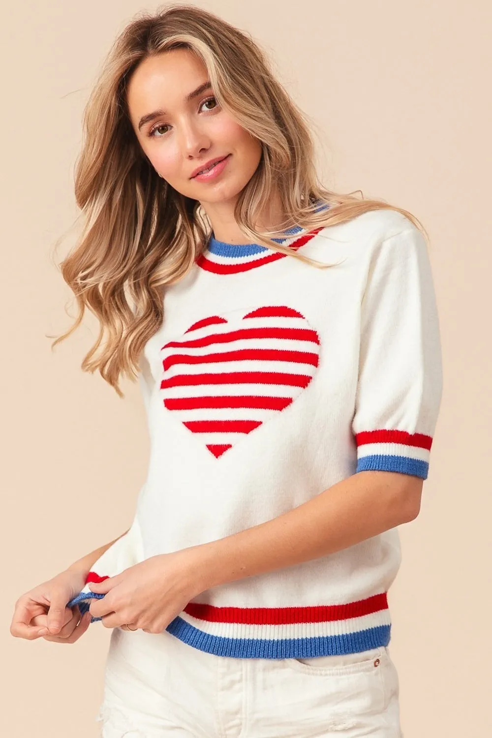 Red, White, and Blue Striped Heart Sweater