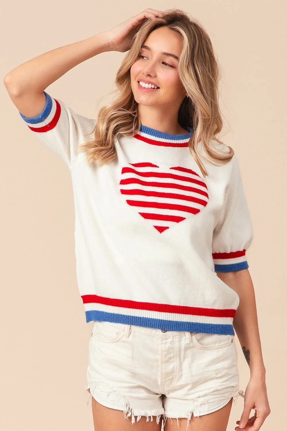 Red, White, and Blue Striped Heart Sweater