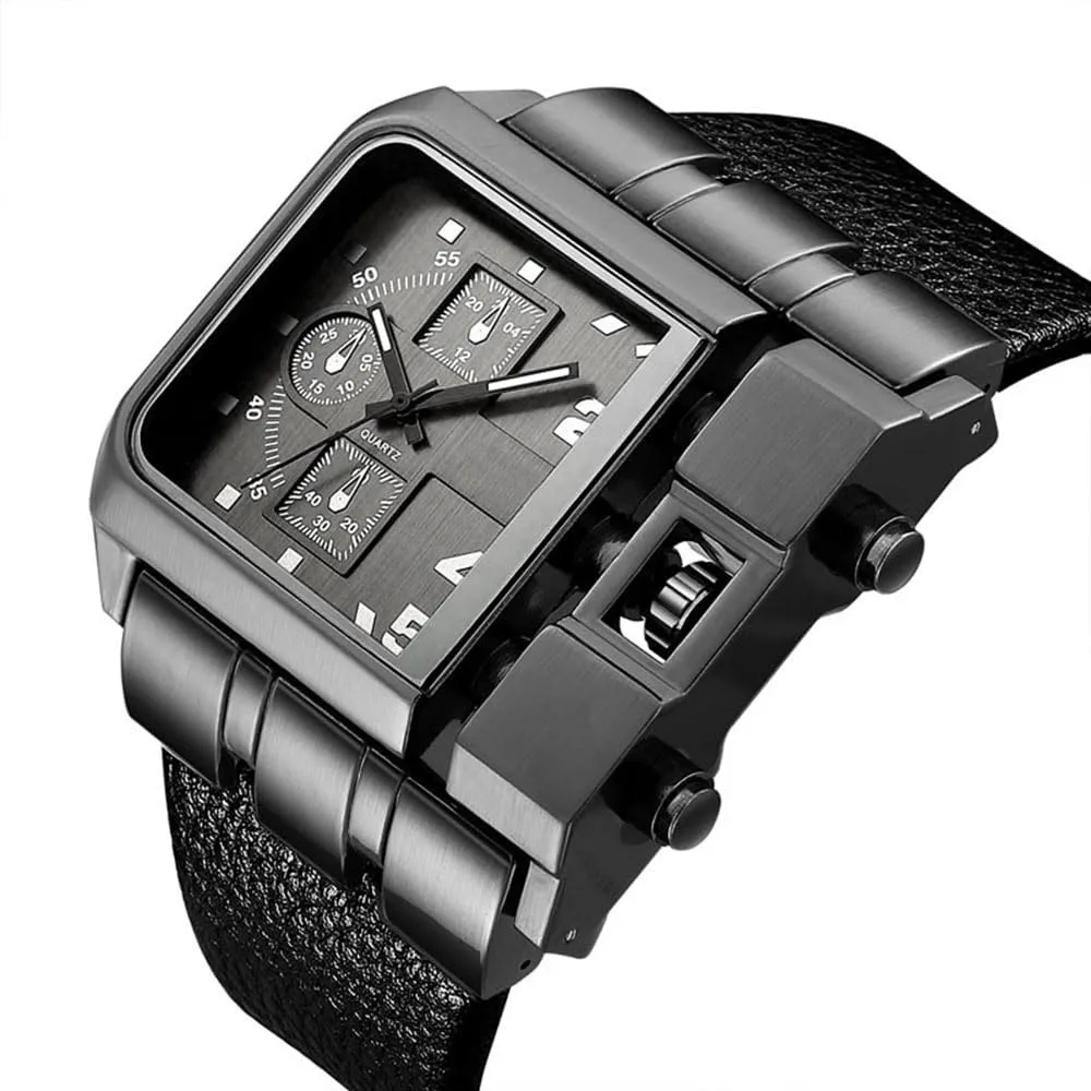 Reginald Hip hop Men's Watch Big Face Watch for Men Square Novel Face Dial Stainless Steel Quartz Leather Strap WristWatches