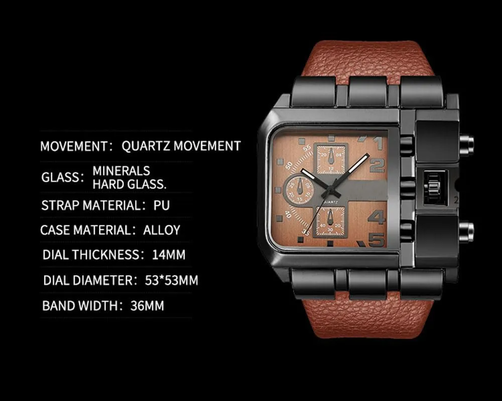 Reginald Hip hop Men's Watch Big Face Watch for Men Square Novel Face Dial Stainless Steel Quartz Leather Strap WristWatches