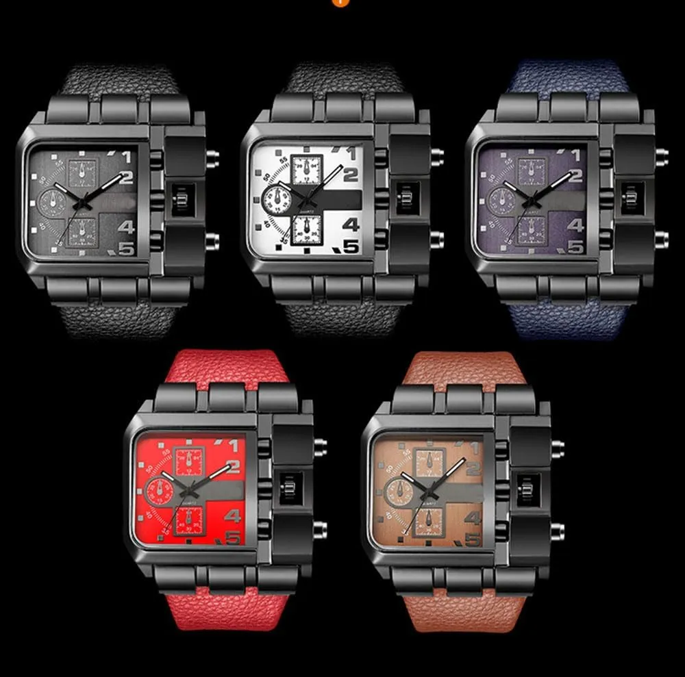 Reginald Hip hop Men's Watch Big Face Watch for Men Square Novel Face Dial Stainless Steel Quartz Leather Strap WristWatches