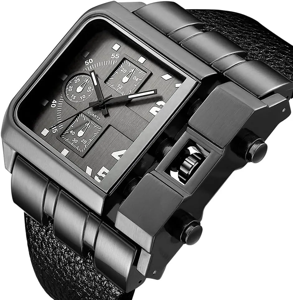 Reginald Hip hop Men's Watch Big Face Watch for Men Square Novel Face Dial Stainless Steel Quartz Leather Strap WristWatches