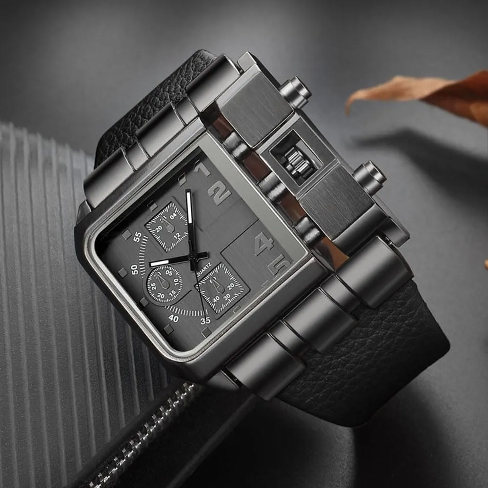 Reginald Hip hop Men's Watch Big Face Watch for Men Square Novel Face Dial Stainless Steel Quartz Leather Strap WristWatches
