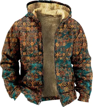 Retro Ethnic Graphic Hoodies Heavyweight Sherpa Fleece Lined Jackets Big Tall Zip Up Sweatshirts For Men With Hood