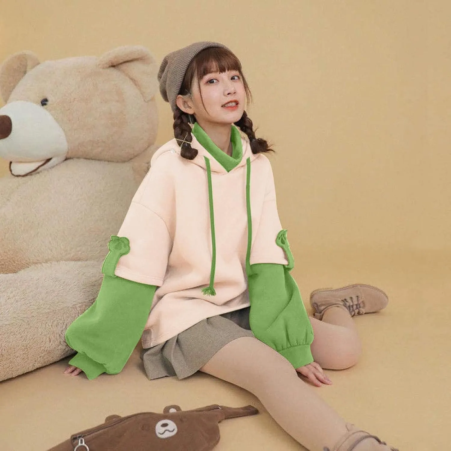 RKSTN Cute Bear Hoodie for Womens Long Sleeve Sweatshirts Patchwork Hooded Shirts with Cute Personality Bag Girls Hoodie Coat