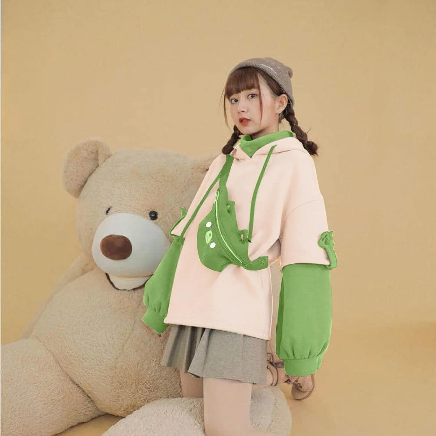 RKSTN Cute Bear Hoodie for Womens Long Sleeve Sweatshirts Patchwork Hooded Shirts with Cute Personality Bag Girls Hoodie Coat
