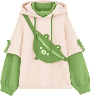 RKSTN Cute Bear Hoodie for Womens Long Sleeve Sweatshirts Patchwork Hooded Shirts with Cute Personality Bag Girls Hoodie Coat