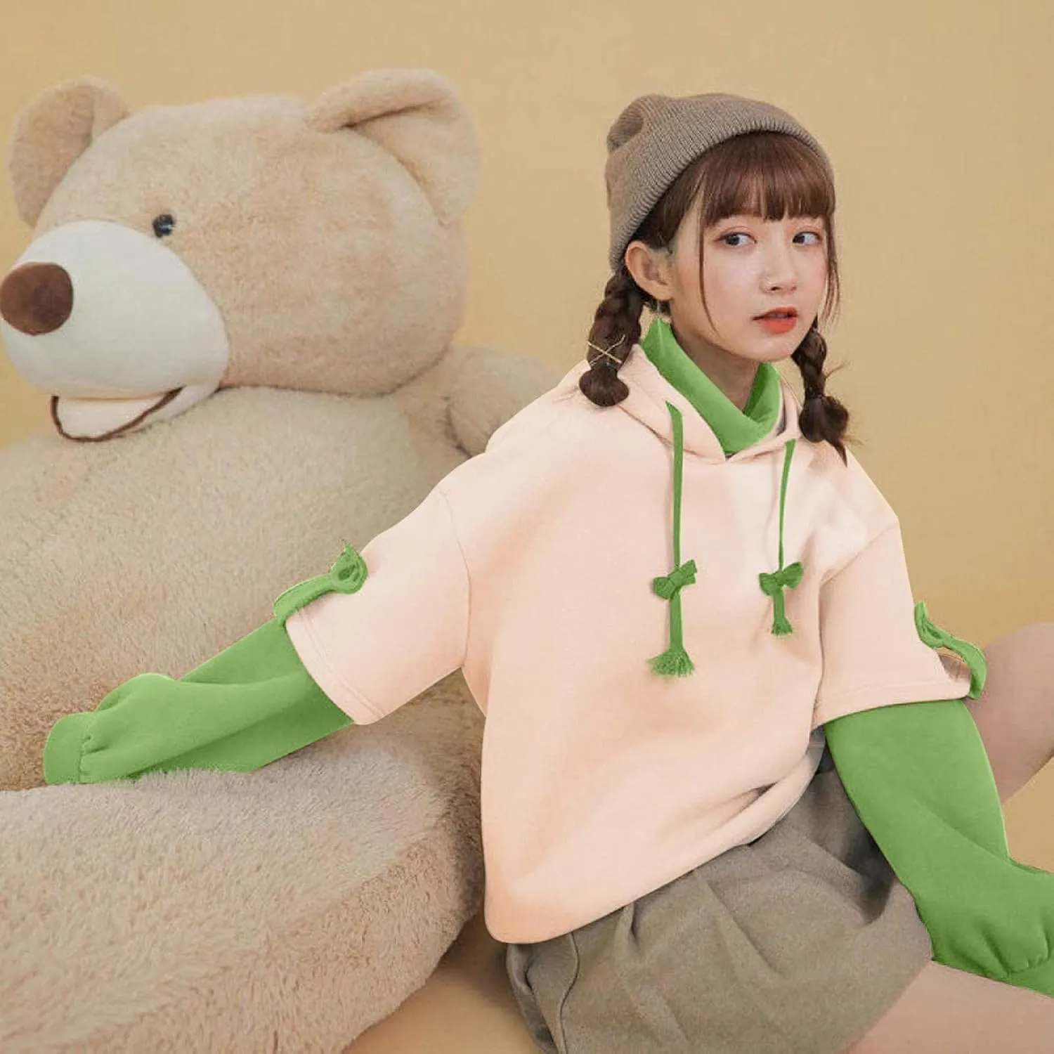 RKSTN Cute Bear Hoodie for Womens Long Sleeve Sweatshirts Patchwork Hooded Shirts with Cute Personality Bag Girls Hoodie Coat